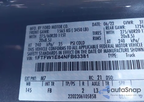 2022 Ford F-150 Xlt из США, поврежденный, VIN 1FTFW1E84NFB63381